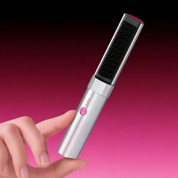 K6 cordless mini bang styling brush showing its button, three indicators and comb structure