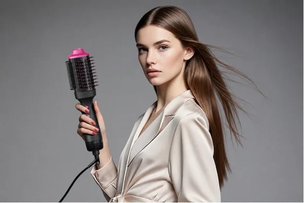 Woman holding the KD311 hot air straightening brush with airflow styling effect