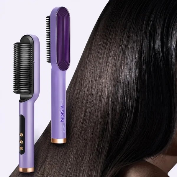 Purple KD380K straightening brush displayed beside smooth straight hair