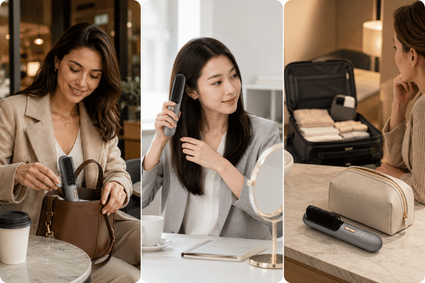 KD382B cordless hair styling brush in a portable work and travel setting