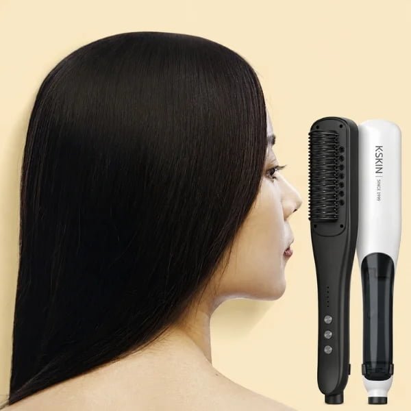 Woman with straight hair beside the KD880 steam straightening brush