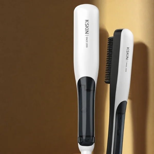 White KD880 steam hair straightening brush front and side views
