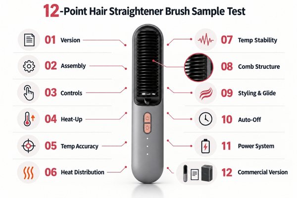 12 checks for hair straightener brush sample approval Twelve-point hair straightener brush sample approval checklist covering heating, controls, comb structure, styling, power and packaging