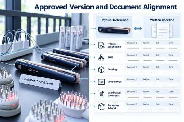 Controlled sample beside a revision list linking specification, BOM, drawings and packaging