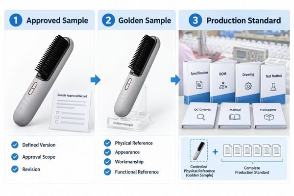 Approved sample, golden sample and production standard shown as three connected stages from product approval to controlled mass production