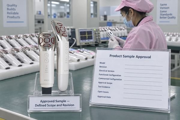 Approved beauty device sample with revision label, specification, approval record and defined approval scope