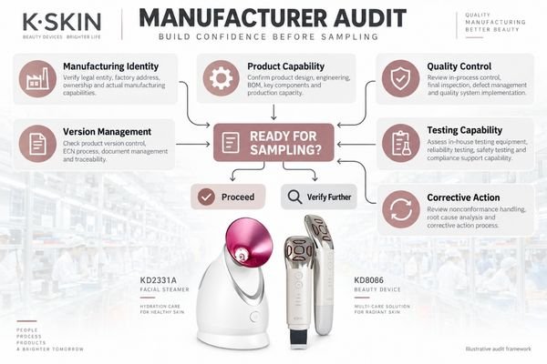 What a Beauty Device Manufacturer Audit Should Prove Infographic showing six areas a beauty device manufacturer audit should verify before sampling