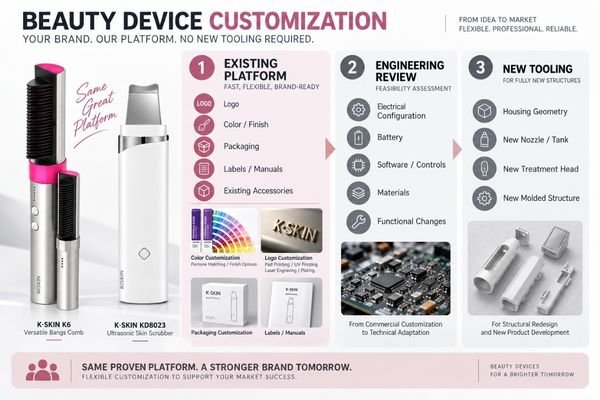 Beauty device customization layers showing existing-platform changes, engineering review and new tooling boundaries