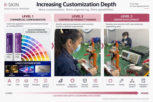 Beauty device customization depth for Private Label OEM and ODM Beauty device customization layers from logo and packaging through structure, electronics, tooling and technical systems