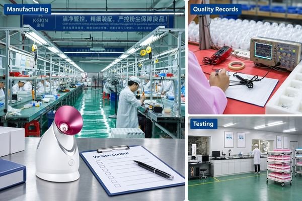 Beauty Device Manufacturer Audit Before Sampling Beauty device manufacturer audit showing production staff, product inspection, quality records, and real factory operations