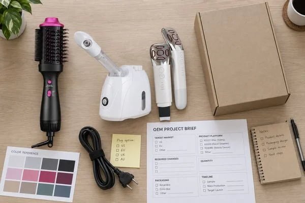 Beauty device samples, packaging references and project documents arranged for an OEM quotation review
