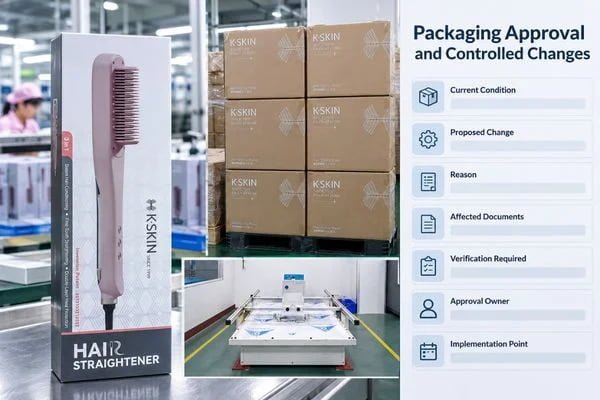 Commercial packaging reference beside a change record showing approval and implementation fields