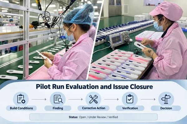 Pilot build review board showing build conditions, findings, corrective actions and verification status