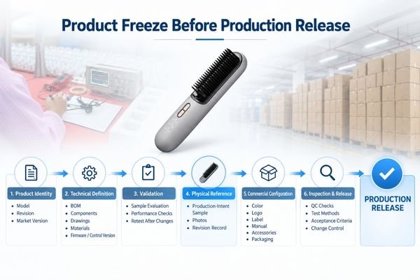 Beauty device product-freeze checklist connecting approved sample, golden sample, BOM, QC requirements and production release