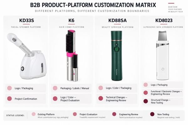 Customization matrix comparing branding, packaging, engineering review and tooling boundaries across KD33S K6 KD88SA and KD8023