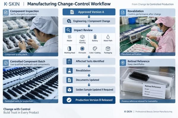 Revision-control workflow showing approved version, engineering change, impact review, revalidation and updated production standard