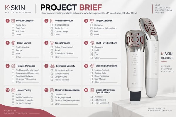 Beauty device OEM ODM project brief before quotation Beauty device project brief showing product category, target market, functions, customization, quantity, packaging and development requirements