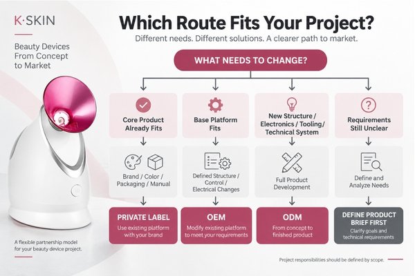 Which beauty device development route fits your project Beauty device project decision matrix showing when to choose Private Label, OEM or ODM based on required product changes