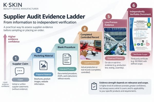 Beauty Device Supplier Audit Evidence Hierarchy Evidence hierarchy for beauty device supplier audits, from unsupported claims to completed records, live processes, and verifiable documents