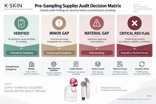 Beauty Device Supplier Audit Decision Matrix Pre-sampling supplier audit decision matrix showing verified, minor gap, material gap, and critical red flag outcomes