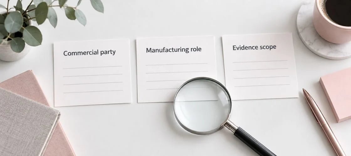 Three review cards for commercial party, manufacturing role and evidence scope beside a magnifying glass