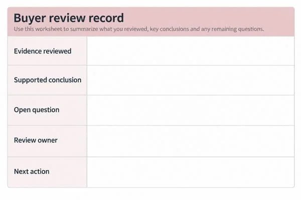 Buyer review record showing evidence reviewed, open questions, responsible reviewer and next action