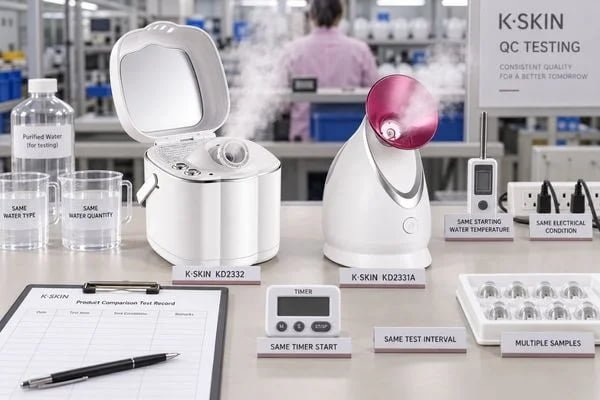 Facial Steamer Heat-Up and Steam Output Comparison Test Facial steamer comparison test with controlled water, timing, weighing and multiple product samples