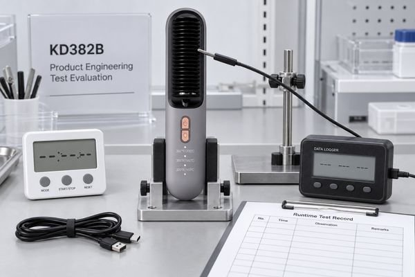Cordless Straightener Brush Runtime Test Cordless hair straightener brush runtime test with timer, temperature probe and test record