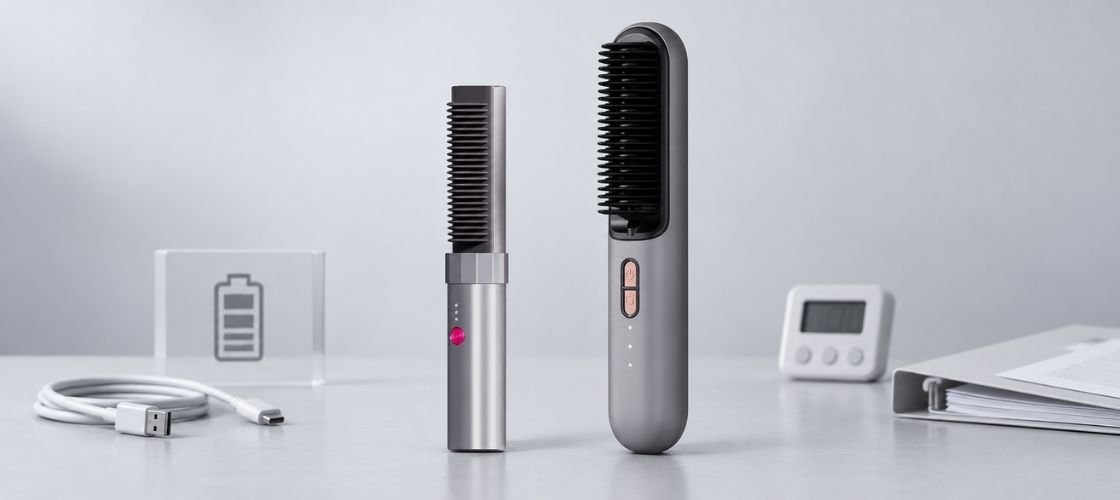 K6 and KD382B cordless hair straightener brushes with battery runtime, USB-C charging and transport evaluation elements