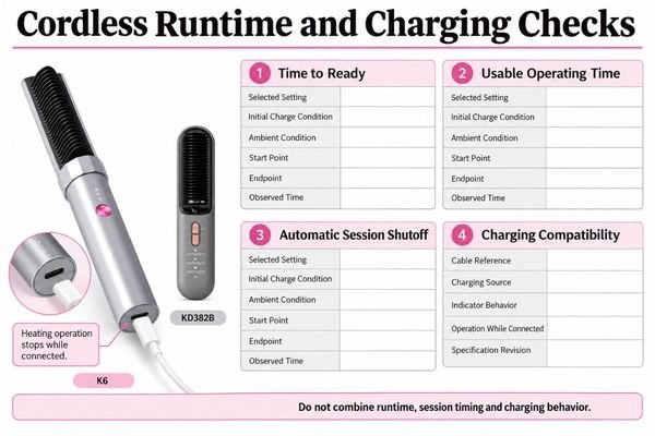 Cordless runtime and charging checks Evaluation worksheet separating cordless runtime, session shutoff and charging compatibility