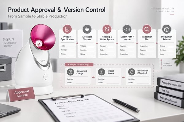 Facial steamer approved version and supplier confirmation Image showing a facial steamer approved-version control flow connecting approved sample, specification, electrical version, steam system, inspection plan, and production release