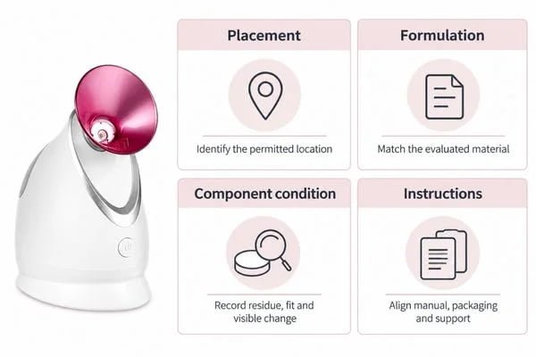Buyer evaluation matrix linking aroma placement, residue, component condition and instructions to required checks
