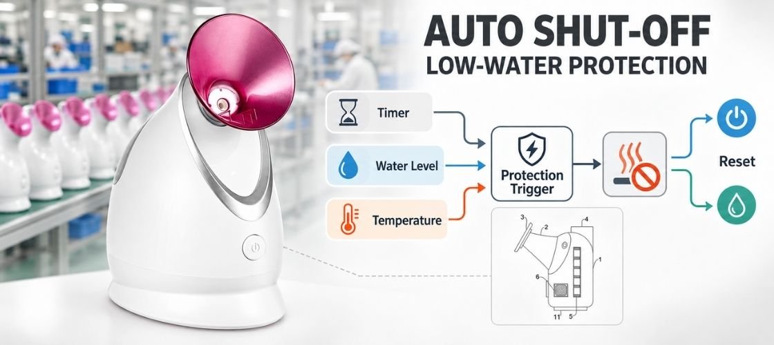 Facial steamer auto shut-off and low-water protection with KD2331A and protection trigger logic