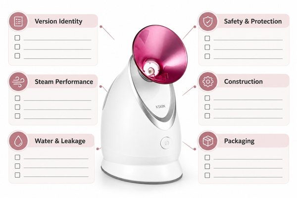 Facial steamer sample evaluation checklist with test methods records and acceptance criteria