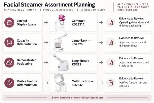 Channel and assortment decision matrix Channel requirements mapped to four facial steamer assortment roles
