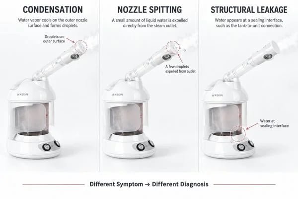 Facial Steamer Condensation vs Spitting vs Leakage Facial steamer condensation, nozzle spitting and structural leakage comparison