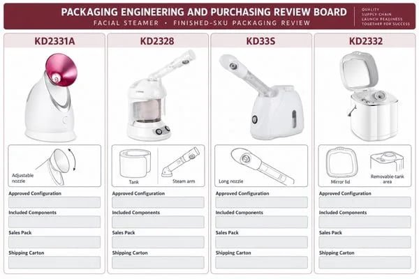 Finished-SKU packaging review Finished facial steamer packages and accessories organized for a packing review