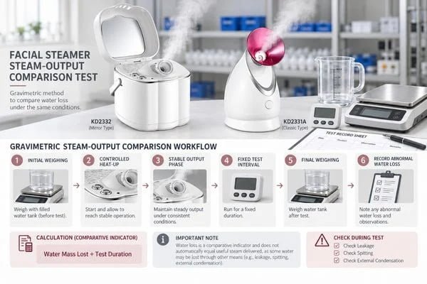 Facial Steamer Gravimetric Steam Output Comparison Facial steamer gravimetric steam output comparison using a timer, scale and controlled operating interval