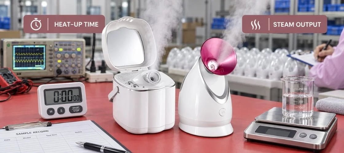 KD2332 and KD2331A facial steamers in a controlled heat-up time and steam output comparison test