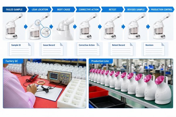 Facial steamer leakage corrective action and retest Supplier corrective action record showing facial steamer leakage issue, root cause, correction, retest and revised sample