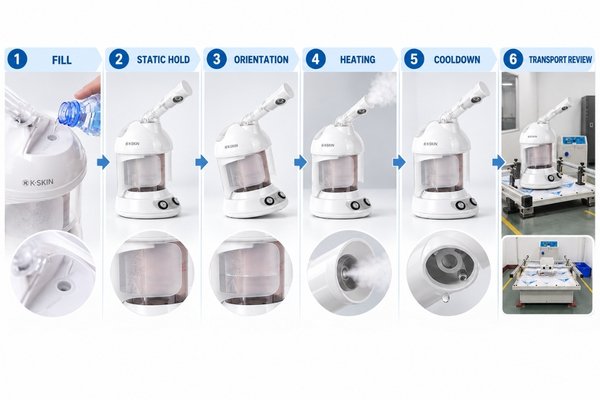 Facial steamer leakage diagnosis by operating stage Facial steamer leakage diagnosis timeline covering filling, static hold, tilt, heating, cooldown and transport