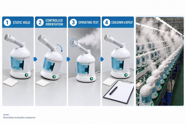 Repeatable facial steamer leakage test Facial steamer sample leakage test using static hold, controlled orientation, operating and cooldown stages