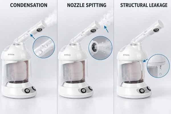 Facial steamer leakage versus condensation and spitting Diagram comparing facial steamer structural leakage, steam condensation and nozzle water spitting