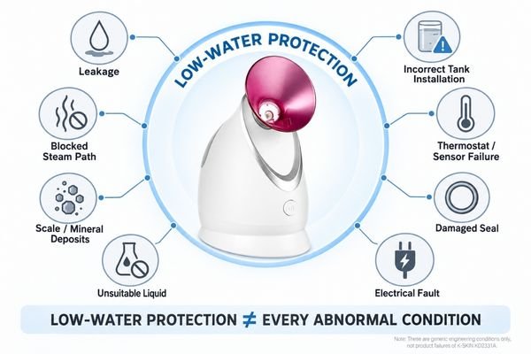 Facial steamer protection boundary infographic separating low-water protection from leakage, blocked steam paths, scale, tank installation and component faults