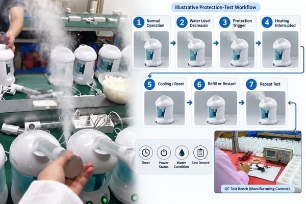 Facial steamer low-water protection test workflow showing normal operation, water depletion, protection activation, cooling, reset and repeated testing