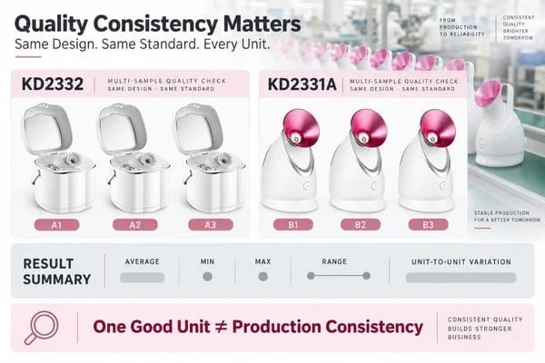 Facial Steamer Multi-Sample Consistency Comparison Facial steamer multi-sample comparison showing average, range and unit-to-unit consistency