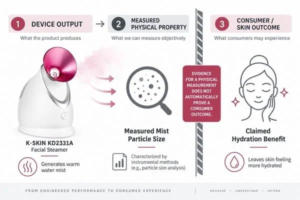 Evidence chain showing device output, measured physical property and consumer outcome for facial steamer claims