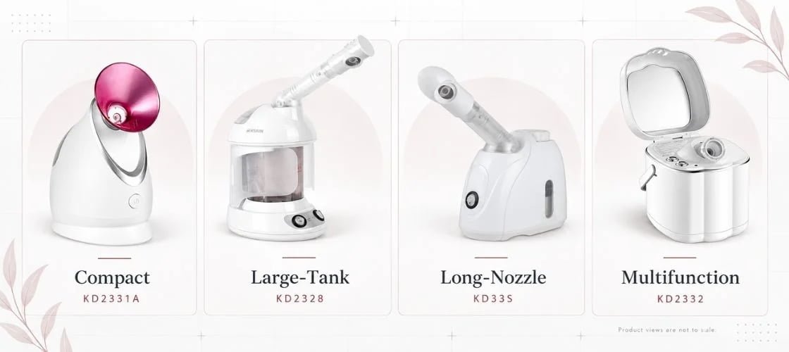 KD2331A, KD2328, KD33S and KD2332 facial steamer architectures compared for product-line planning