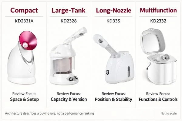 Facial steamer product-line matrix Four facial steamer architectures arranged in a product-line comparison