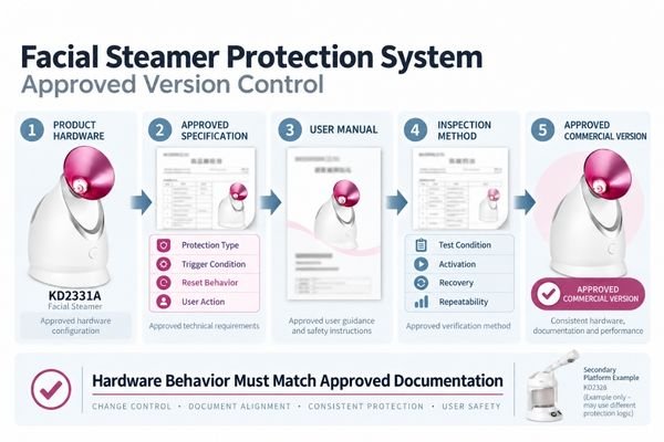 Facial steamer approved-version documentation showing hardware protection, product specification, user manual, warning information and inspection record